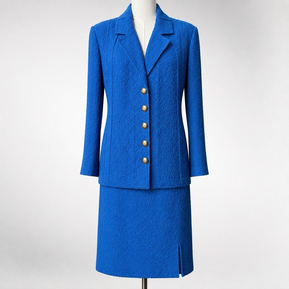Vintage LIHLI New York Blue Textured Skirt Suit 3-Piece Set Size 16 Wool Buttons